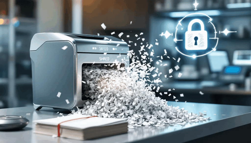 A professional shredding machine in action, securely disposing of confidential waste.