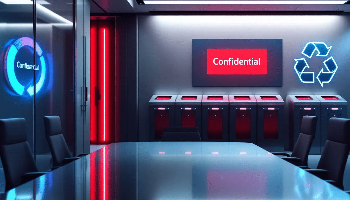 An office environment implementing a confidential waste disposal policy with visible secure bins.