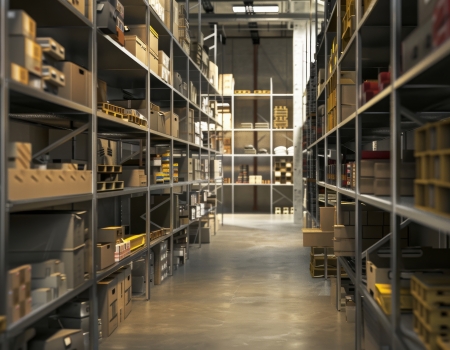 Warehouse Storage Shelves with Cardboard Boxes